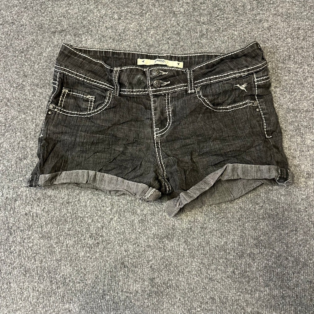 Grane Denim Shorts Womens Size 3 Black Contrast Stitch Low Rise Cuffed Y2K